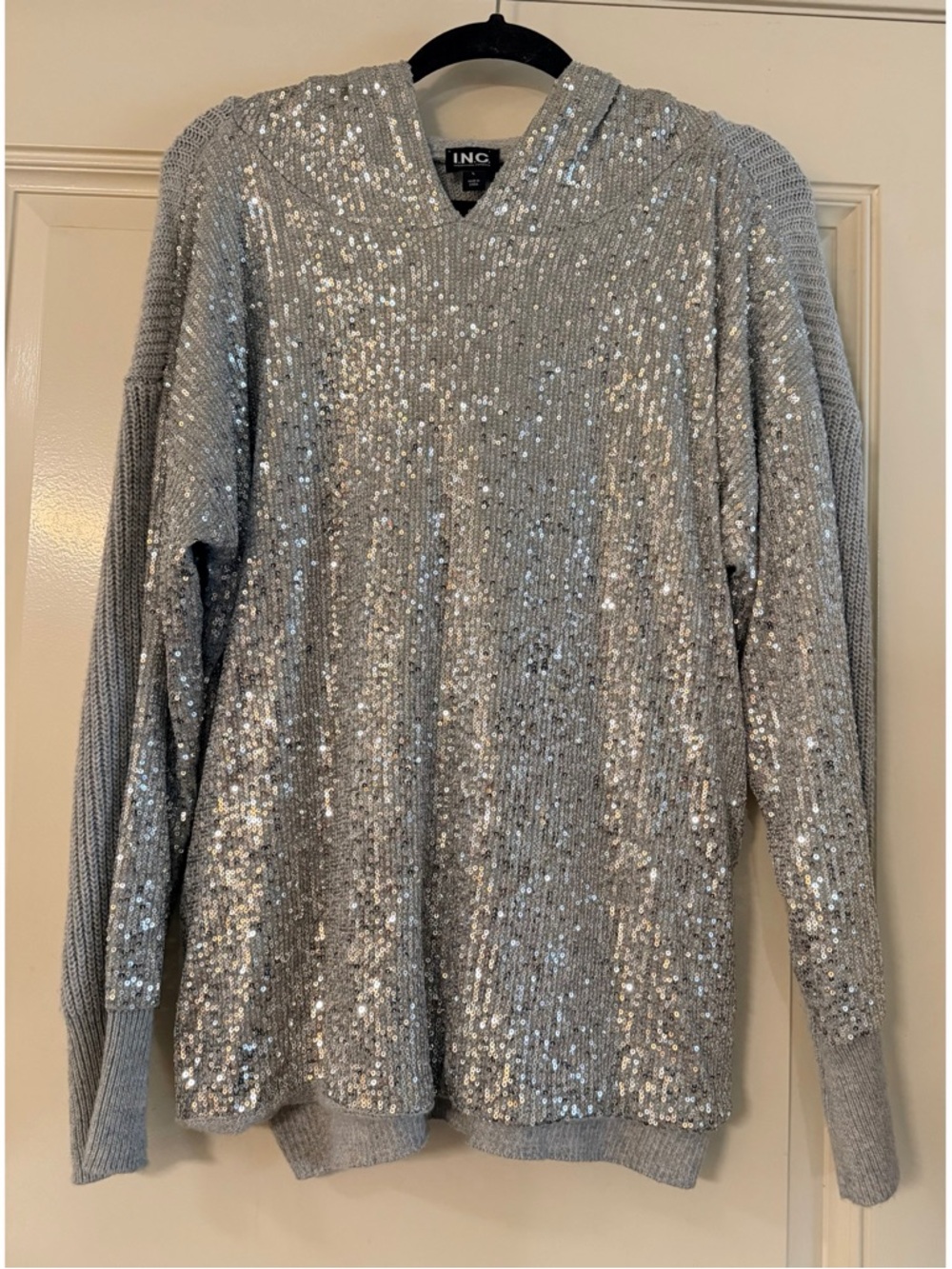 INC International Concepts Silver Sequin V-Neck Pullover